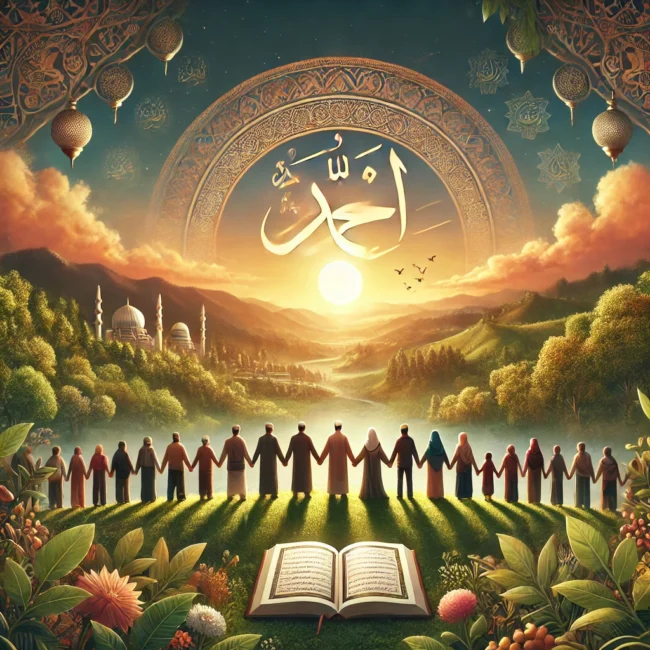 DALL·E 2024-12-06 22.27.49 – A serene and peaceful scene depicting a diverse group of people from different cultures and religions holding hands in harmony, surrounded by a lush n