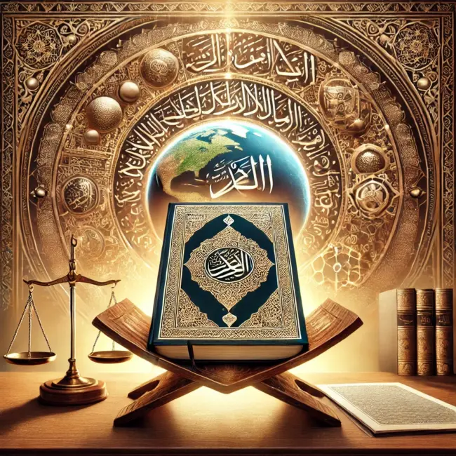 DALL·E 2025-01-10 23.35.51 – An artistic representation of the Quran as both the source of Islamic law and a guiding source for world law. The image features an open Quran with in