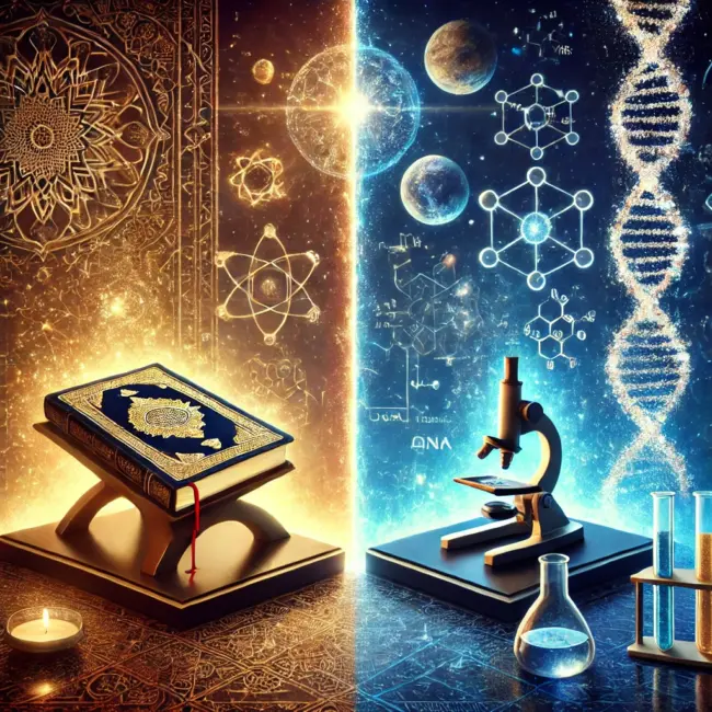 DALL·E 2025-01-10 23.43.05 – A visually striking image symbolizing the harmony and potential contradictions between the Quran and modern science. On one side, depict a glowing Qur