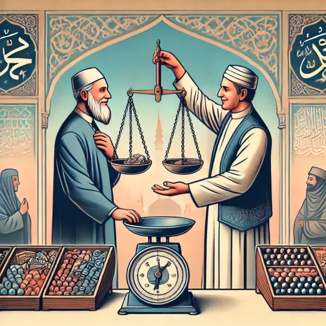 DALL·E 2025-02-03 22.36.14 – A thoughtful illustration depicting a fair and honest business transaction in an Islamic marketplace. A merchant and a customer are engaging in a trad