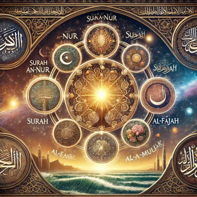 DALL·E 2025-03-04 03.21.31 – An artistic Islamic-themed illustration representing the meanings behind the names of Surahs in the Quran. The artwork includes symbolic elements_ a s