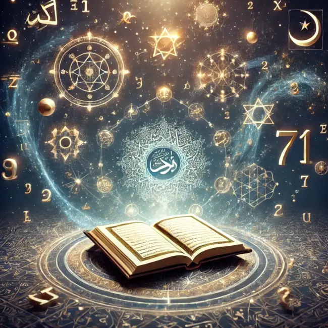 DALL·E 2025-03-06 07.34.28 – An artistic representation of mathematics in the Quran_ an open Quran with glowing Arabic calligraphy, surrounded by mathematical symbols, geometric p